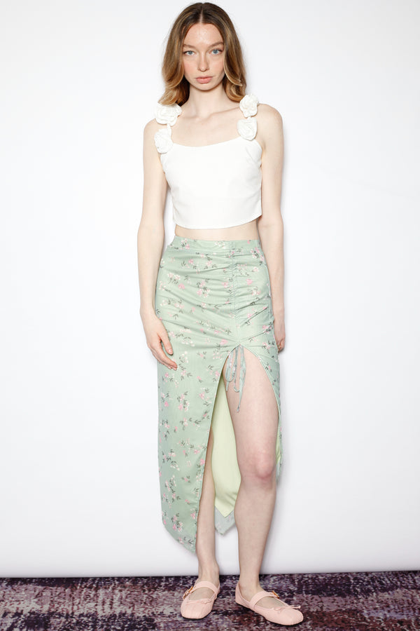 Snow Xue Gao Cotton Jersey Mesh Green Floral Ruching Midi Skirt