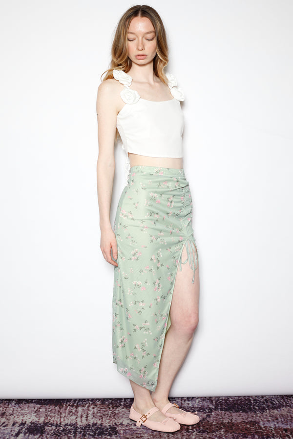 Snow Xue Gao Cotton Jersey Mesh Green Floral Ruching Midi Skirt