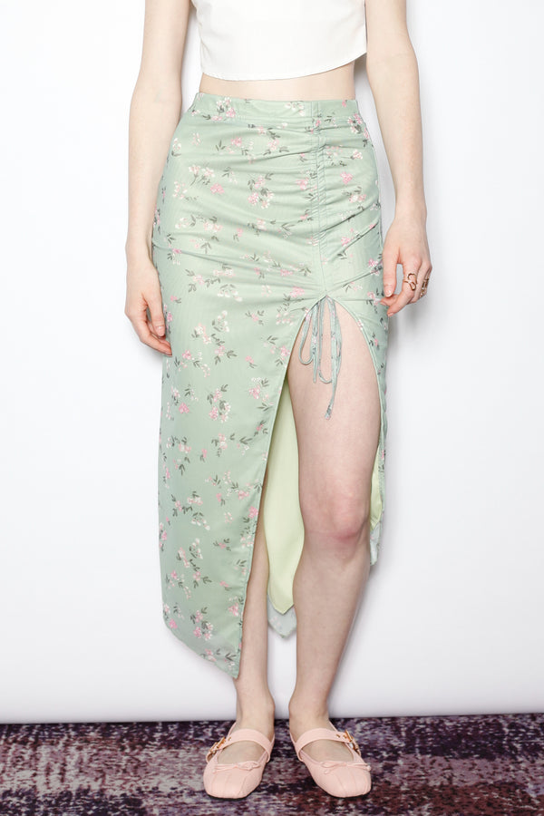 Snow Xue Gao Cotton Jersey Mesh Green Floral Ruching Midi Skirt