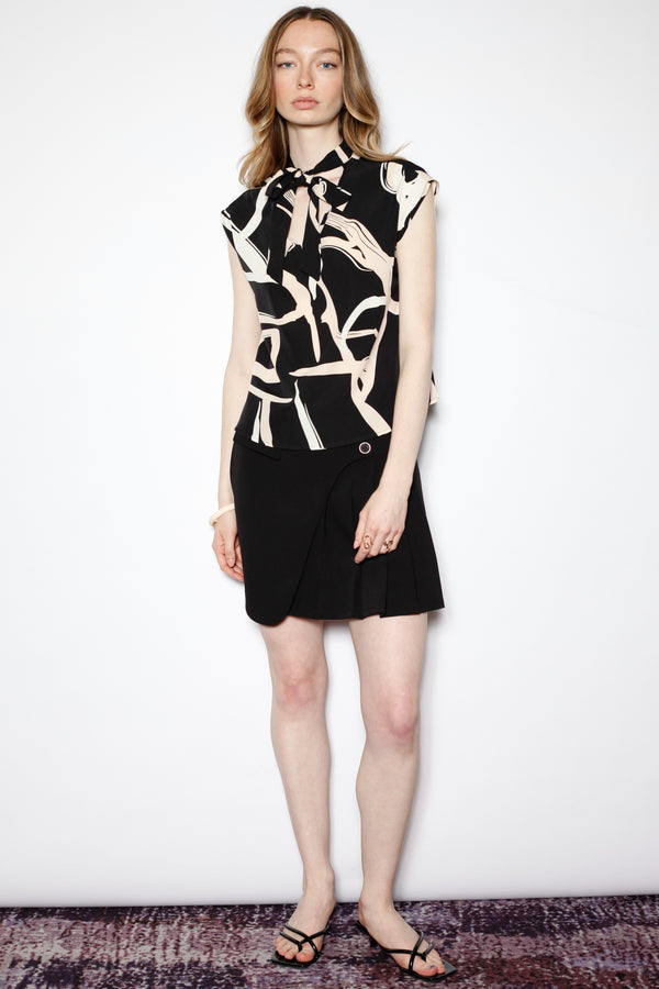 Snow Xue Gao Silk Black Abstract Printed Tie Neck Top