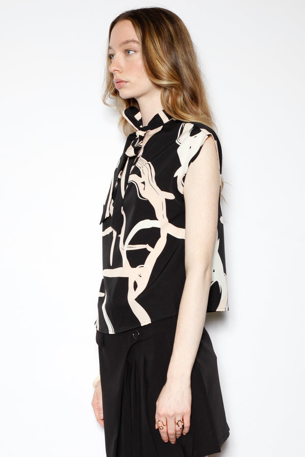 Snow Xue Gao Silk Black Abstract Printed Tie Neck Top