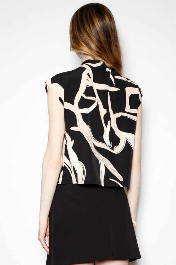 Snow Xue Gao Silk Black Abstract Printed Tie Neck Top