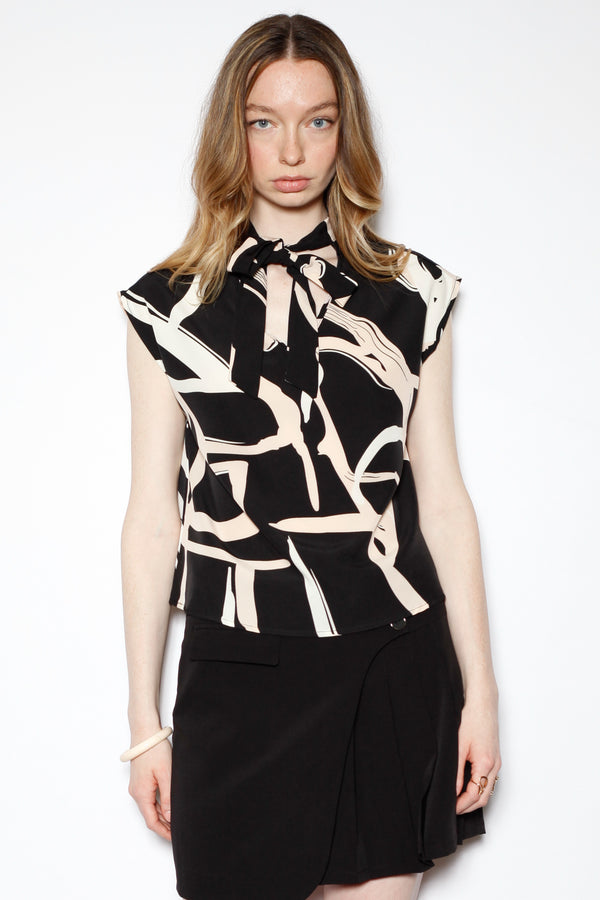 snow xue gao Silk Black Abstract Printed Tie Neck Top