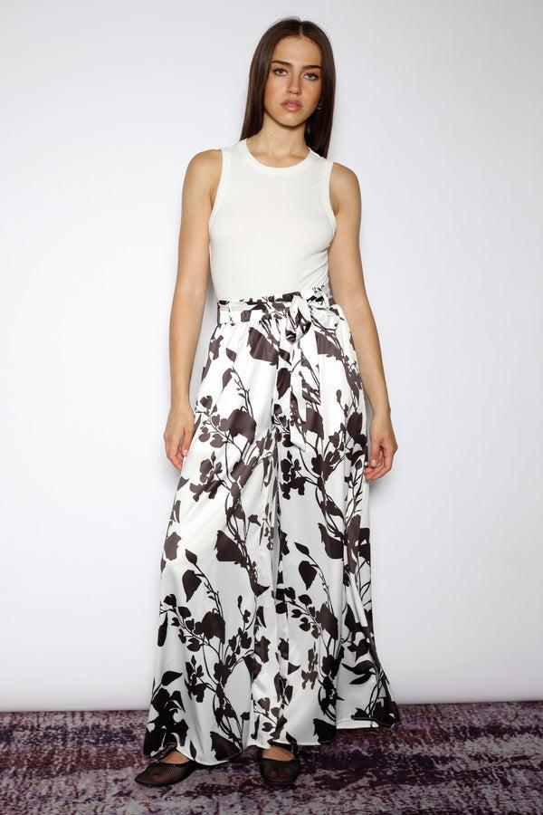 Snow Xue Gao Silk Black White Floral Wide-Leg Pants