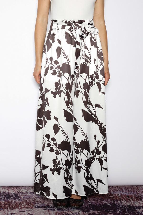 snow xue gao Silk Black White Floral Wide-Leg Pants