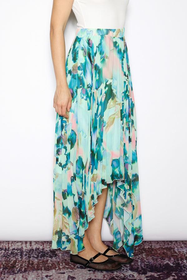 Snow Xue Gao Silk Green Floral Pleated Asymmetrical Skirt