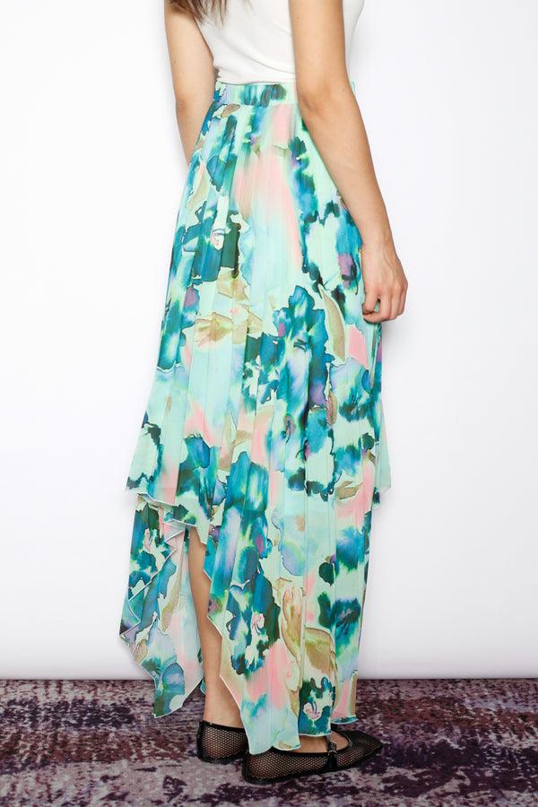 Snow Xue Gao Silk Green Floral Pleated Asymmetrical Skirt