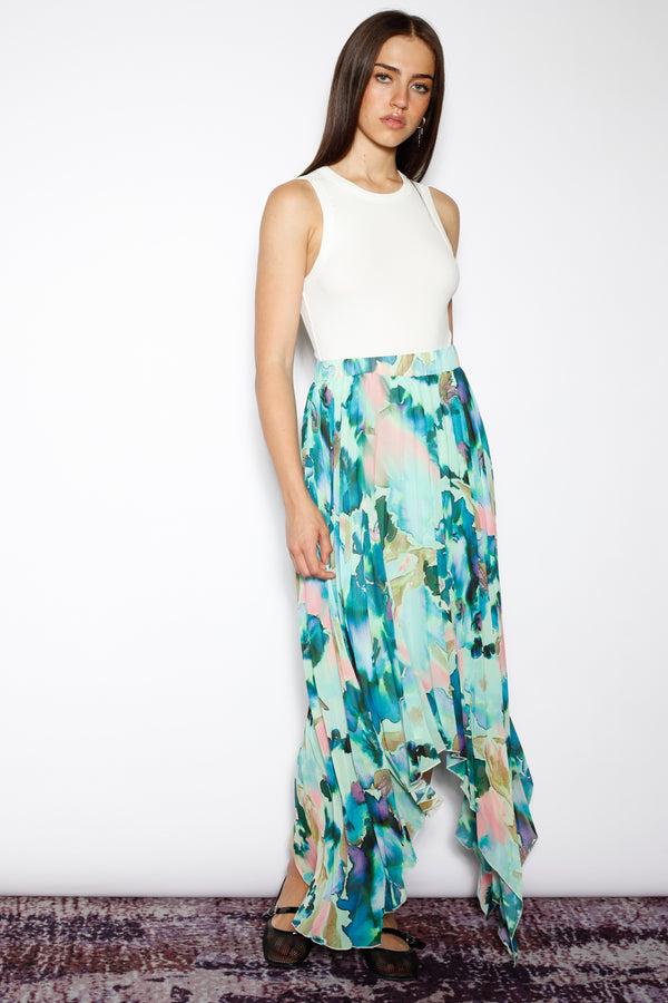 Snow Xue Gao Silk Green Floral Pleated Asymmetrical Skirt