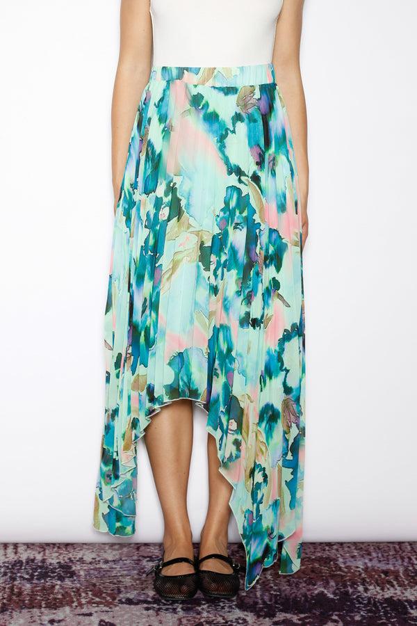 snow xue gao Silk Green Floral Pleated Asymmetrical Skirt