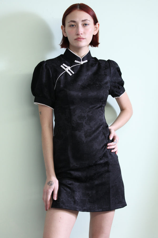 snow xue gao Black Qipao Mini Dress with Pearls