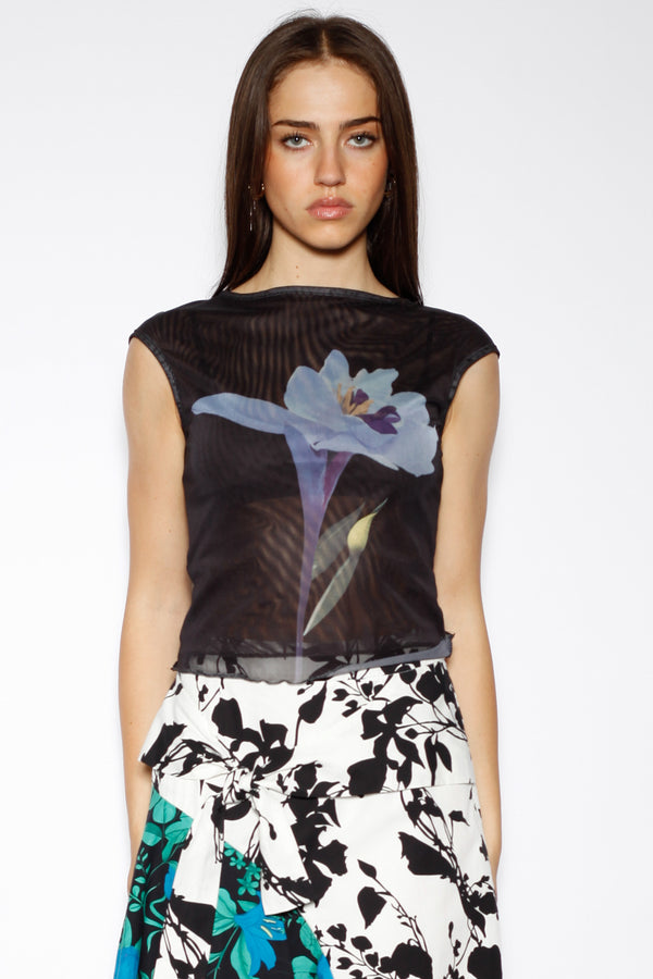 Snow Xue Gao Cotton Black Floral Printed Mesh Top