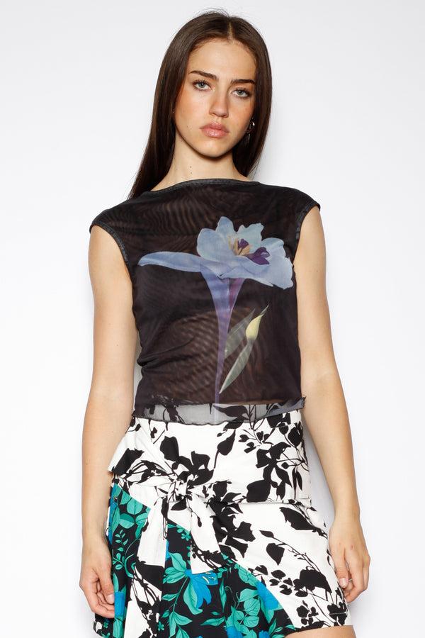 snow xue gao Cotton Black Floral Printed Mesh Top