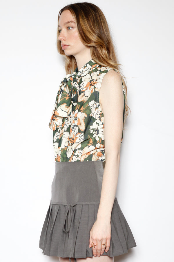 Snow Xue Gao Cotton Green Floral Tie Neck Top