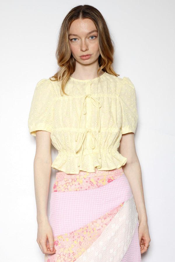 snow xue gao Cotton Yellow Lace Ruching Top