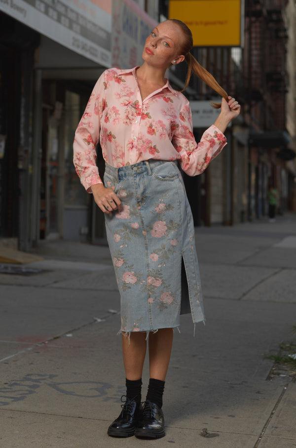 Snow Xue Gao Floral Patterned Denim Midi Skirt