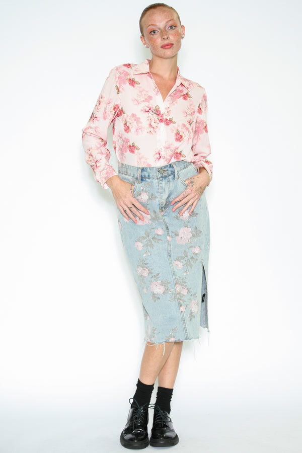 Snow Xue Gao Floral Patterned Denim Midi Skirt