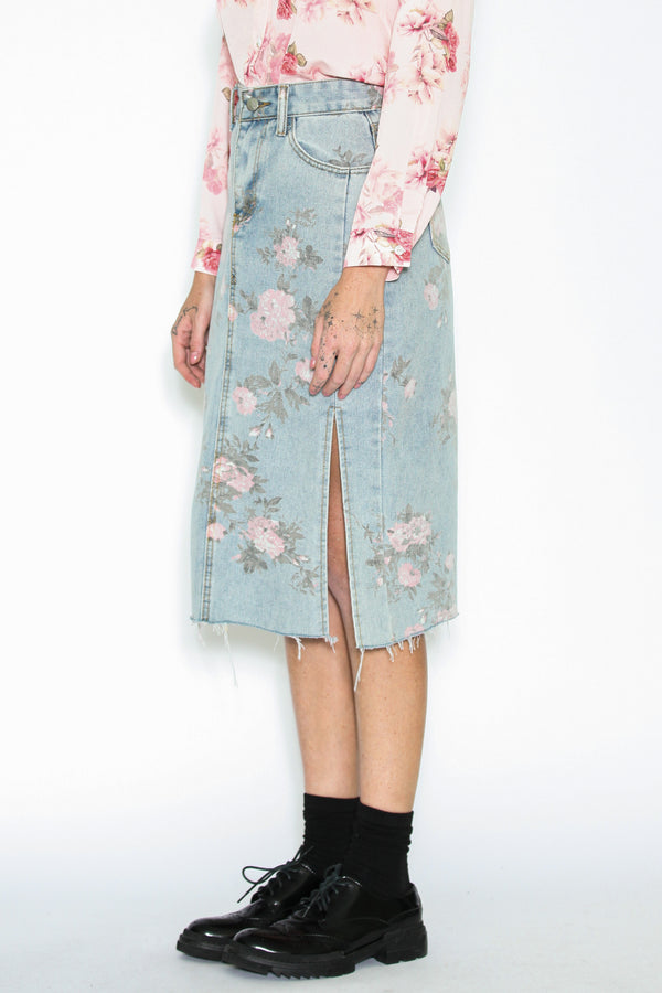Snow Xue Gao Floral Patterned Denim Midi Skirt