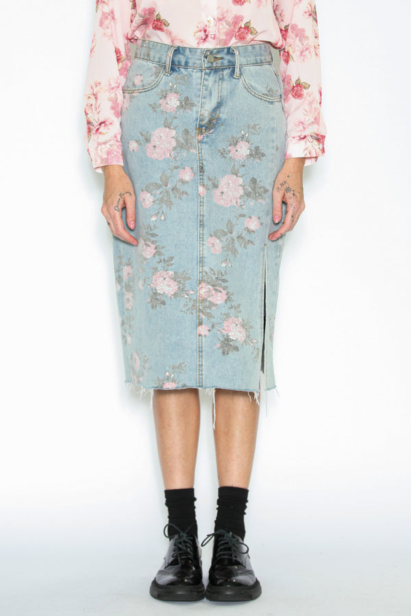 snow xue gao Floral Patterned Denim Midi Skirt