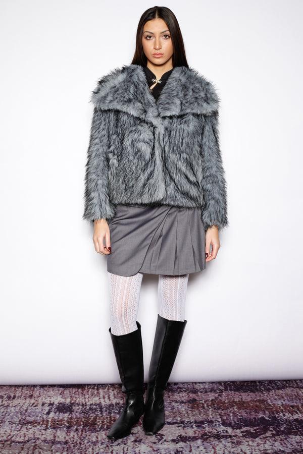Snow Xue Gao Heavy Wool Faux Fur Blue Gray Jacket
