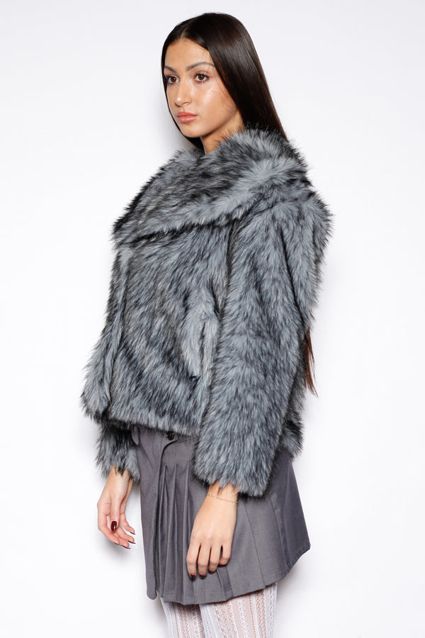 Snow Xue Gao Heavy Wool Faux Fur Blue Gray Jacket