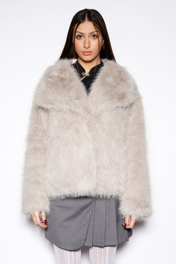 snow xue gao Heavy Wool Faux Fur White Gray Jacket