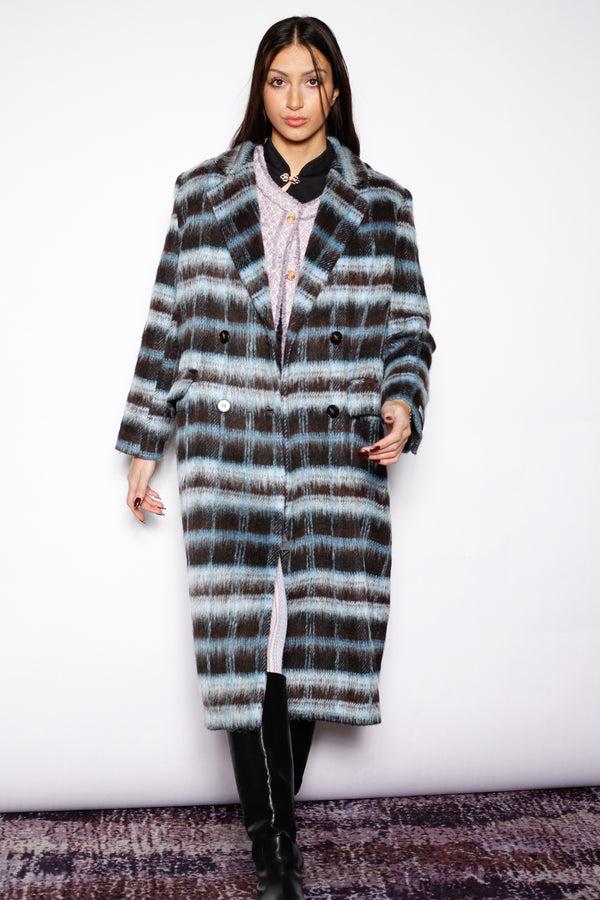 Snow Xue Gao Heavy Wool Navy Black Plaid Coat