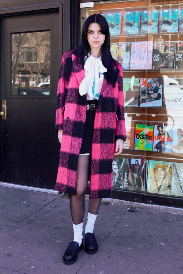 snow xue gao Heavy Wool Pink Black Plaid Coat