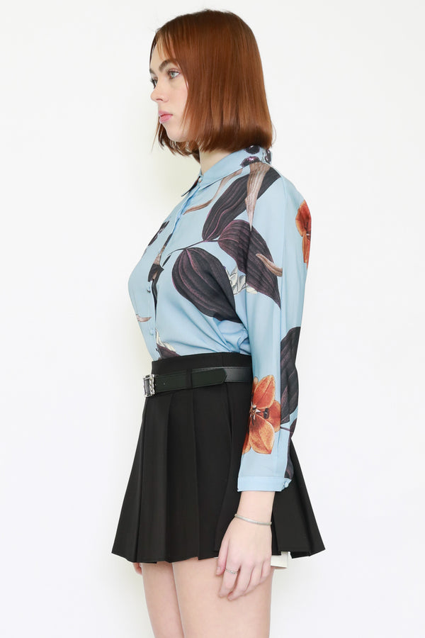Snow Xue Gao Silk Printed Floral Blue Shirt