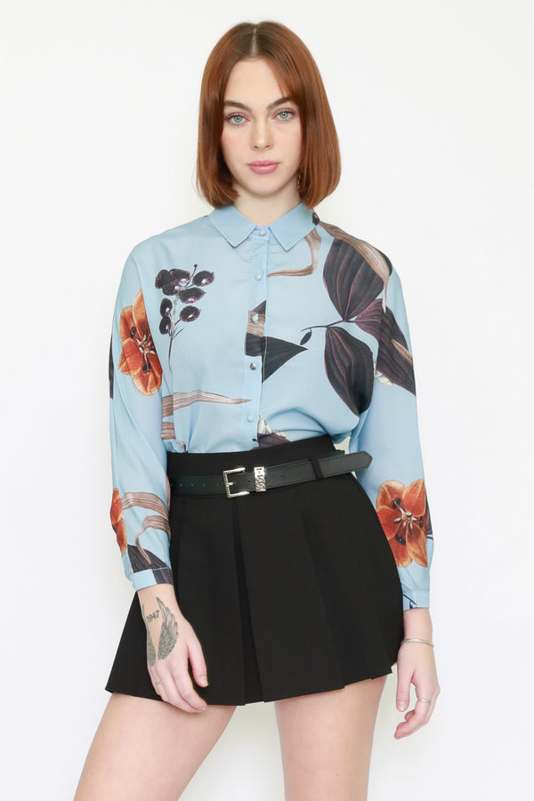 snow xue gao Silk Printed Floral Blue Shirt