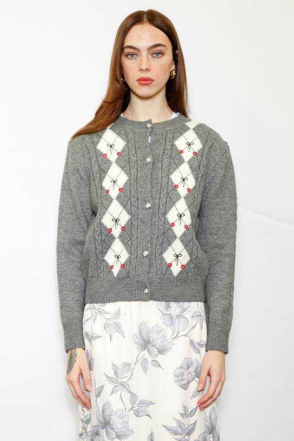 Snow Xue Gao Wool Argyle Bow Cardigan
