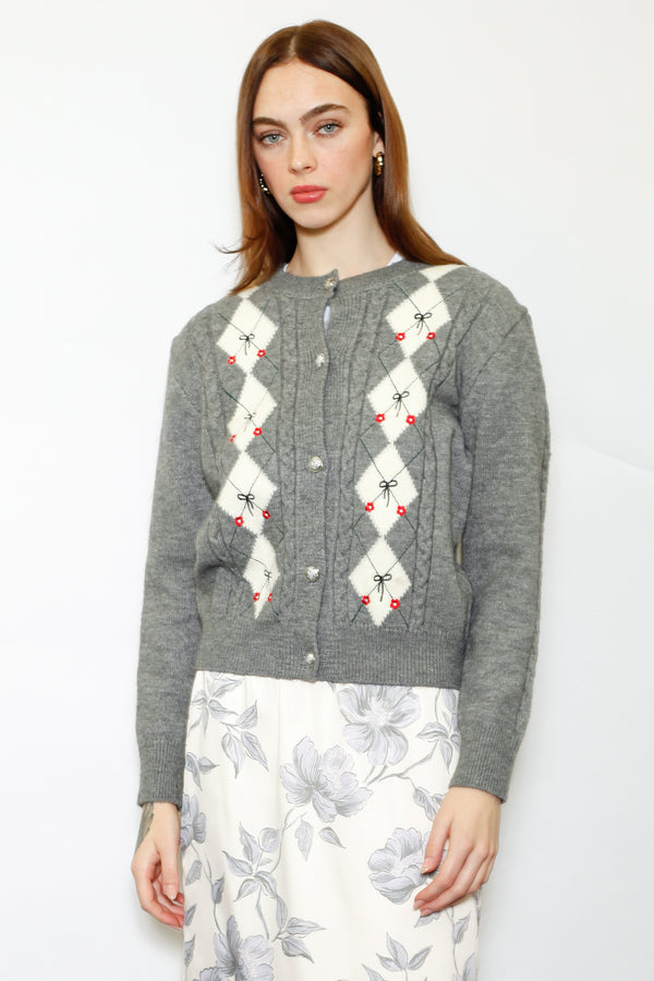 snow xue gao Wool Argyle Bow Cardigan