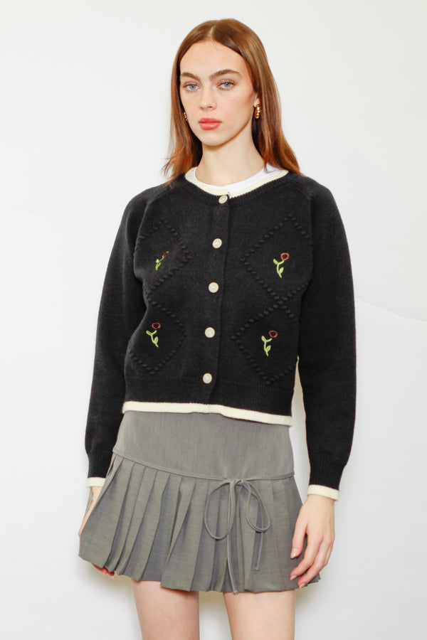 snow xue gao Wool Black Floral Motif Cardigan