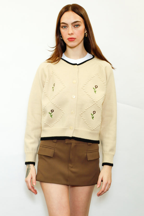 snow xue gao Wool Cream Floral Motif Cardigan