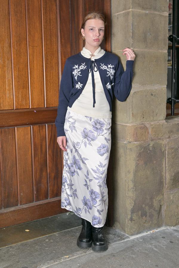Snow Xue Gao Wool Navy Floral Motif Cardigan