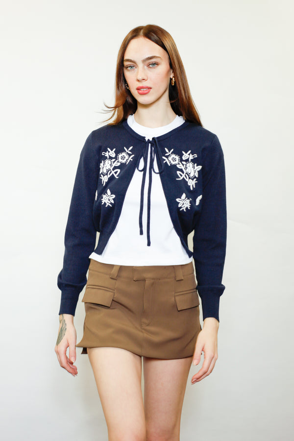 Snow Xue Gao Wool Navy Floral Motif Cardigan