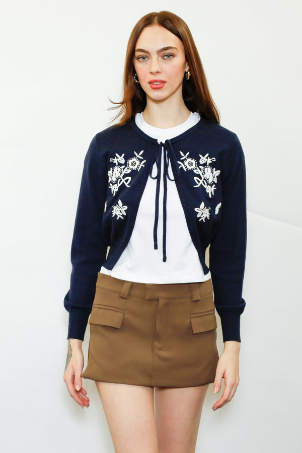 snow xue gao Wool Navy Floral Motif Cardigan