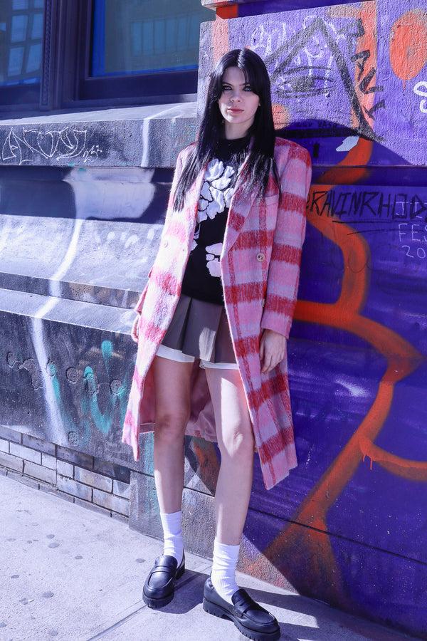 snow xue gao Wool Pink and White Plaid Coat