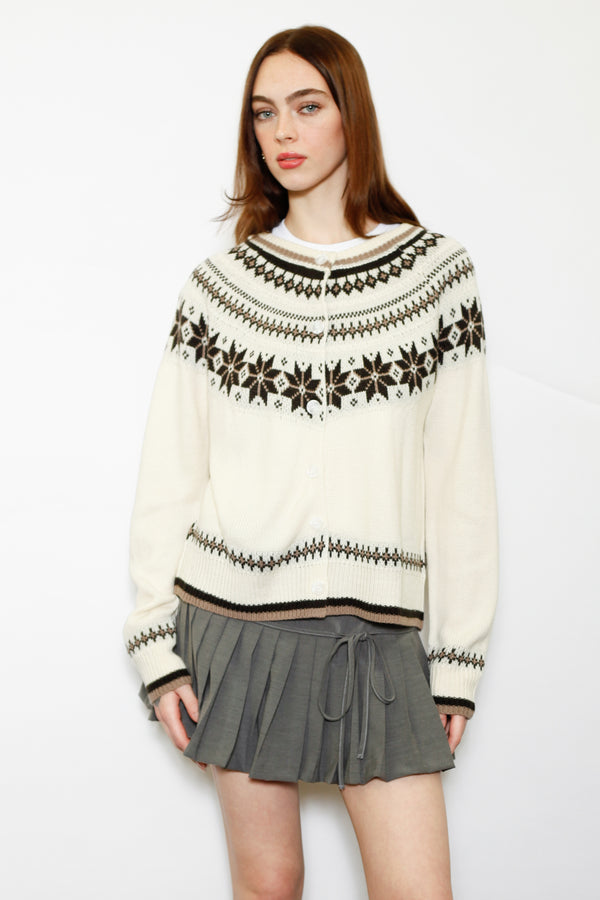 snow xue gao Wool White & Brown Fair Isle Cardigan