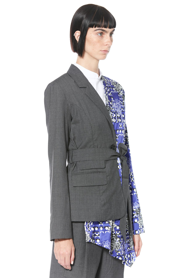 Snow Xue Gao Wool And Silk Printed Blue And Grey Asymmetric Blazer