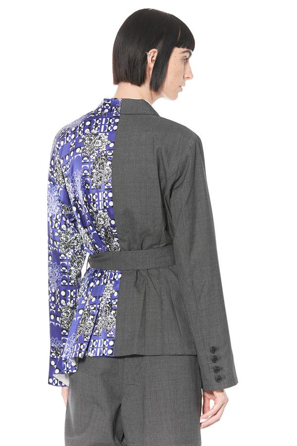 Snow Xue Gao Wool And Silk Printed Blue And Grey Asymmetric Blazer