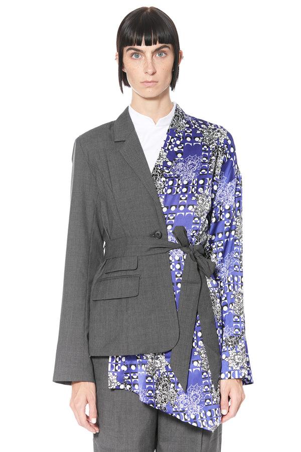 snow xue gao Wool and Silk Printed Blue and Grey Asymmetric Blazer