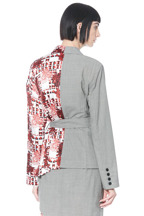 Snow Xue Gao Wool And Silk Printed Red Kimono Style Asymmetric Blazer