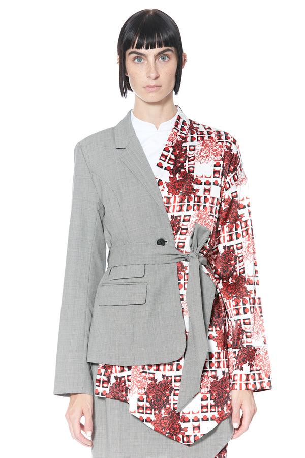 snow xue gao Wool and Silk Printed Red Kimono Style Asymmetric Blazer