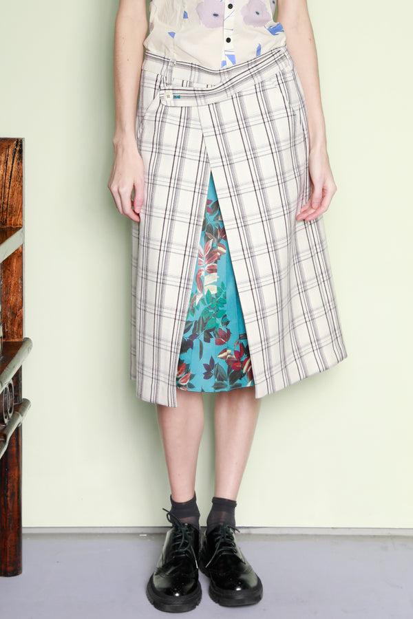snow xue gao Wool Plaid and Silk Pleated Wrap Skirt