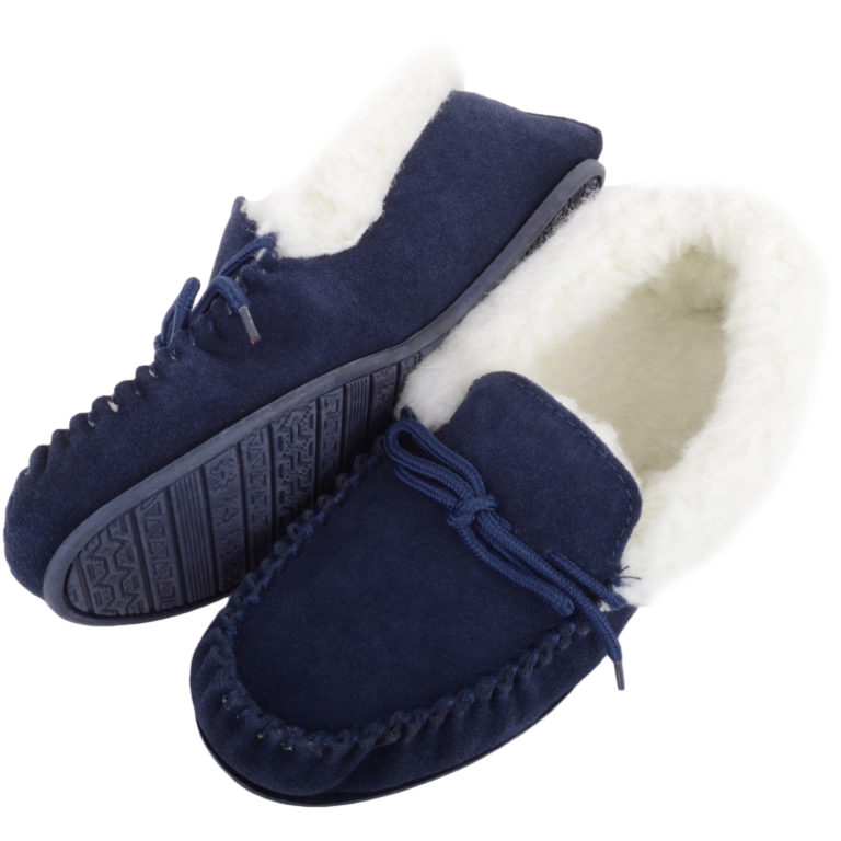 Snugrugs Wool Lined Suede Moccasins Wool Cuff Rubber Sole