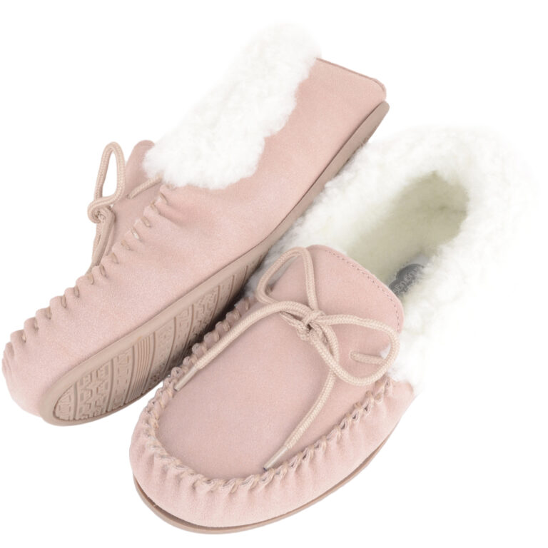Snugrugs Wool Lined Suede Moccasins Wool Cuff Rubber Sole