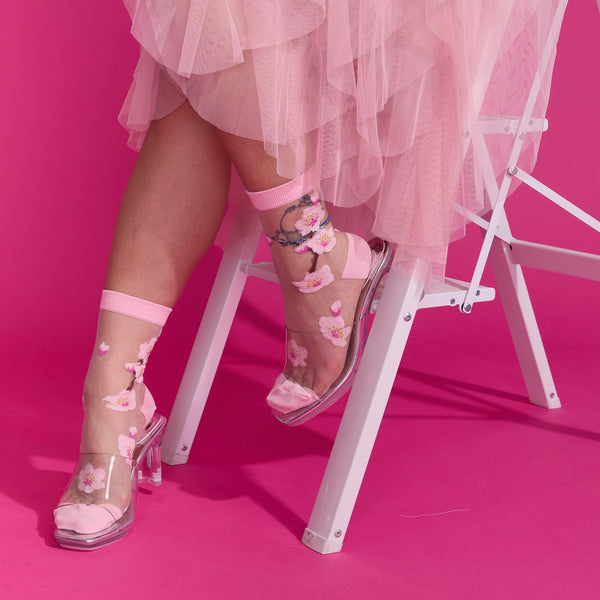 Sock It To Me Cherry Blossoms Sheer Crew Socks