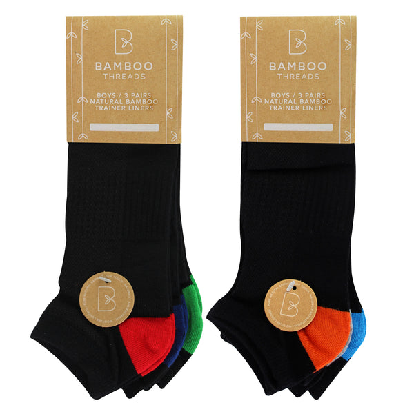 Sock Snob 6 Pack Boys Bamboo Trainer Socks | Kids Black Low Cut Heel & Toe Socks