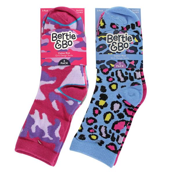 Sock Snob 6 Pack Girls Animal Print Cotton Socks | Colourful Camo Patterned Socks