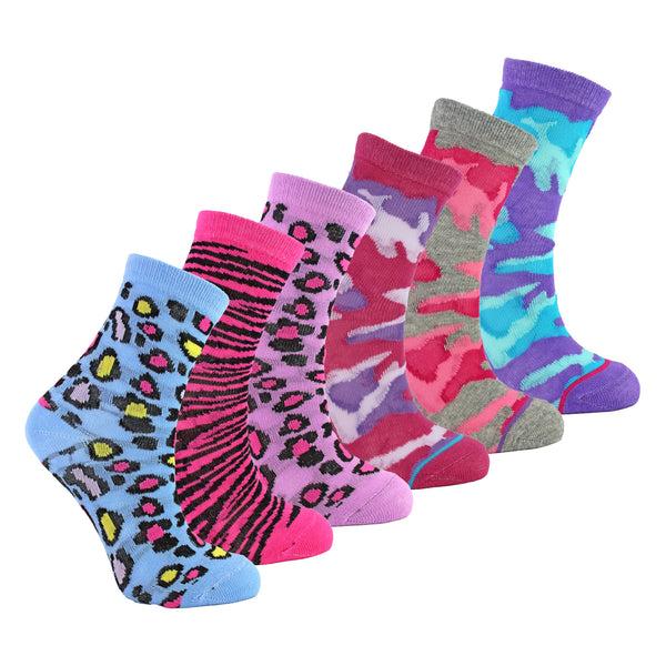 Sock Snob 6 Pack Girls Animal Print Cotton Socks | Colourful Camo Patterned Socks